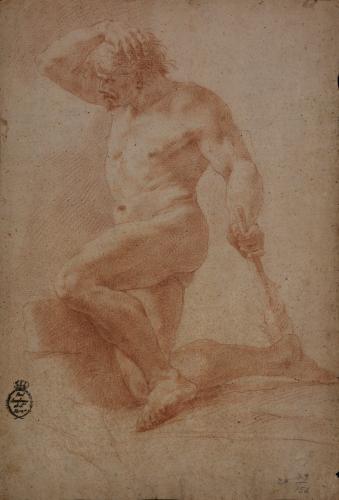Estudio de modelo masculino desnudo semiarrodillado con clava hacia la derecha