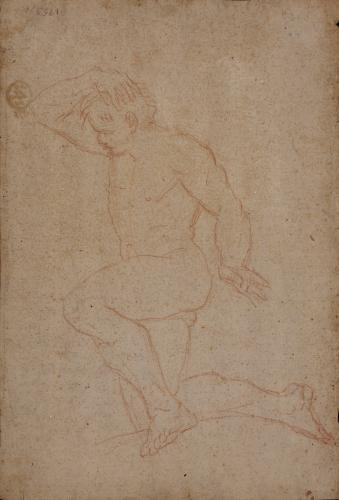 Boceto de modelo masculino desnudo semiarrodillado hacia la derecha