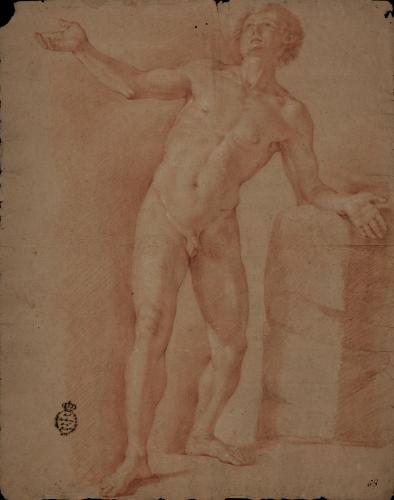 Estudio de modelo masculino desnudo, ligeramente inclinado hacia la izquierda y los brazos abiertos
