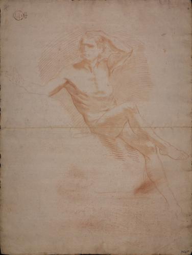 Boceto de modelo masculino desnudo sentado de tres cuartos, con las piernas cruzadas