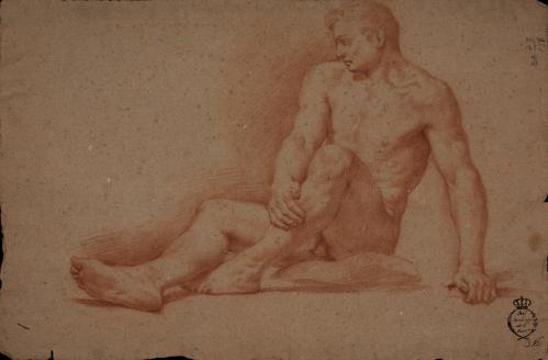 Estudio de modelo masculino desnudo sentado de perfil en el suelo hacia la derecha