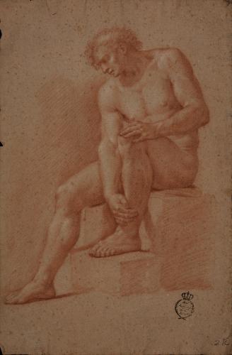 Estudio de modelo masculino desnudo sentado de tres cuartos hacia la  derecha