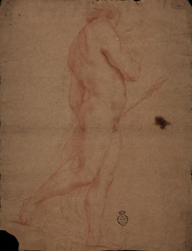 Estudio de modelo masculino desnudo de pie, de perfil hacia la izquierda, con lanza