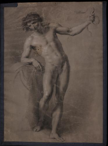 Estudio de un modelo masculino desnudo de pie con una serpiente en la mano izquierda