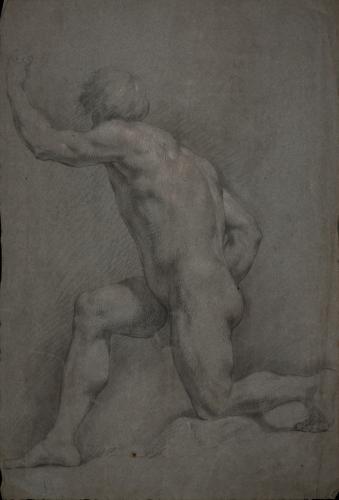 Estudio de modelo masculino desnudo semarrodillado con el brazo izquierdo levantado de perfil hacia la derecha