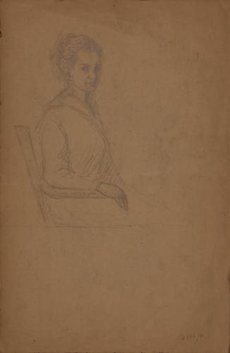 Estudio de mujer sentada en una butaca de perfil hacia la derecha