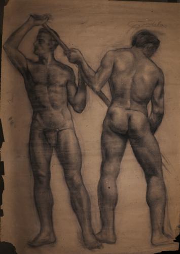 Estudio de dos modelos masculinos desnudos de pie, de frente y de espaldas, sujetando una vara