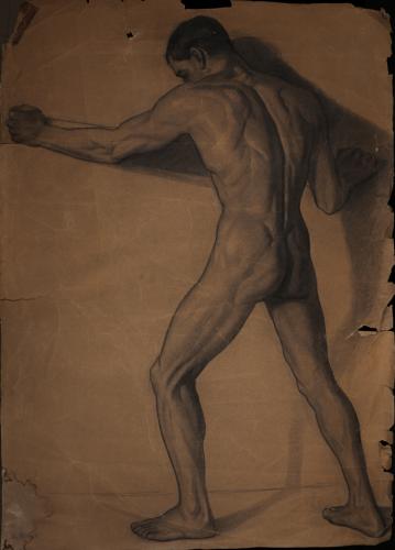 Estudio de modelo masculino de desnudo de espaldas de perfila hacia la izquierda