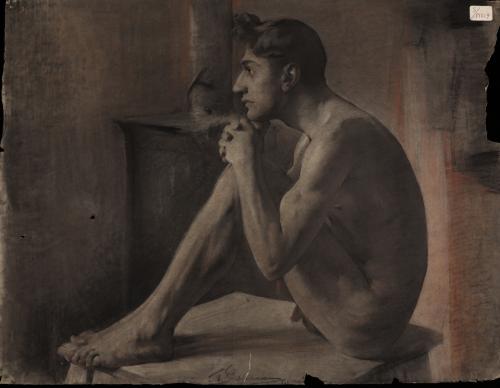 Estudio de modelo masculino desnudo sentado de perfil hacia la izquierda