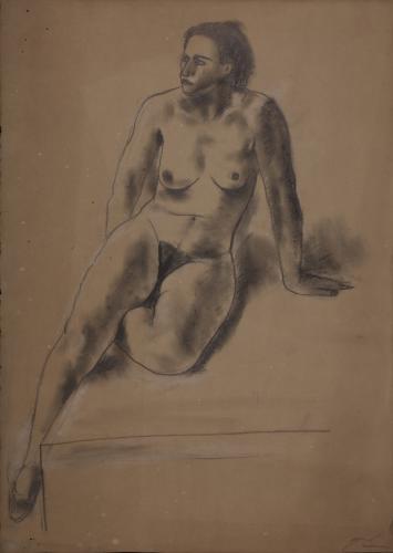 Estudio de modelo femenino desnudo sentado de tres cuartos