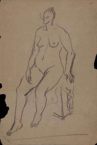 Estudio de modelo femenino desnudo sentado de tres cuartos hacia la izquierda