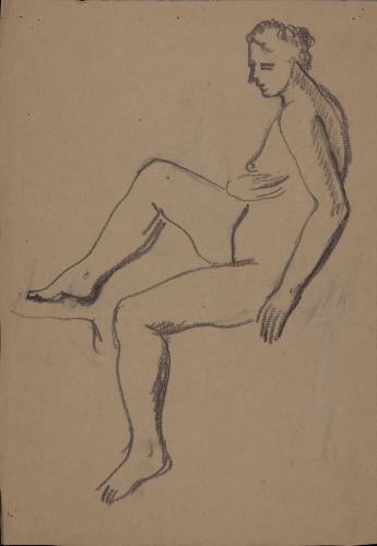 Estudio de modelo femenino desnudo sentado de perfil hacia la izquierda