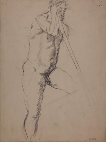 Estudio de modelo masculino desnudo con vara de tres cuartos hacia la derecha