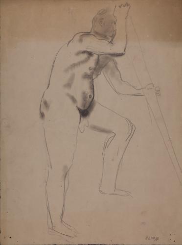 Estudio de modelo masculino desnudo con vara de perfil hacia la derecha.