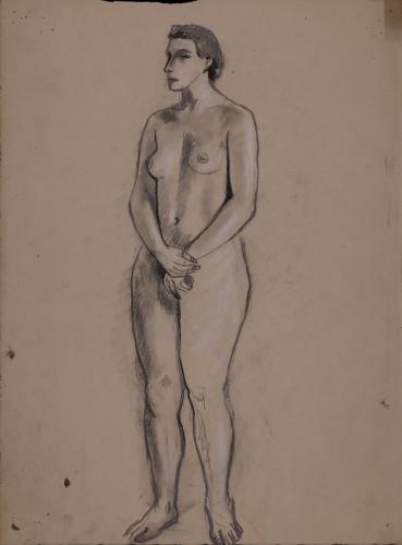 Estudio de modelo femenino desnudo de pie de tres cuartos hacia la izquierda