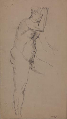 Estudio de modelo masculino desnudo con vara de tres cuartos hacia la derecha