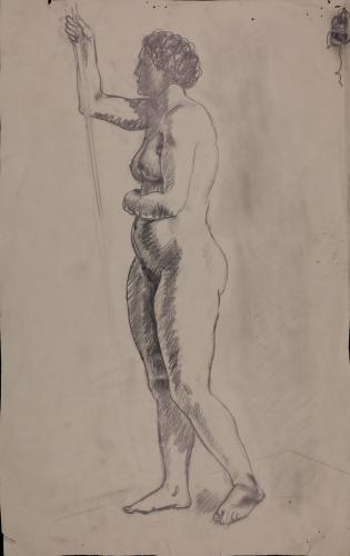 Estudio de modelo femenino desnudo con vara de pie de perfil hacia la izquierda
