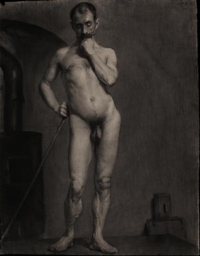 Estudio de modelo masculino desnudo de pie de frente con vara