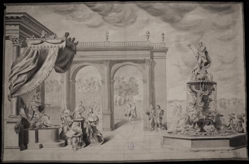 Estudio de perspectiva de un rey dando audiencia de las Bellas Artes ante una fuente de Neptuno