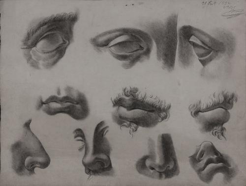 Estudio de ojo, labios y nariz de frente perfil y tres cuartos