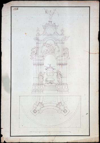 Proyecto de túmulo real, planta y alzado.