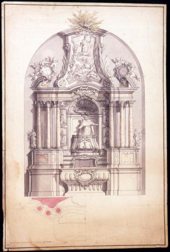 Proyecto de altar con santo franciscano. Planta y alzado