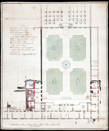 Plano general del edificio principal y jardín del palacio del Buen Retiro y de los nuevos anexos.