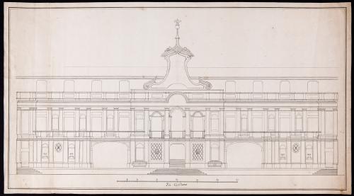 Croquis del alzado de la fachada principal al jardín del cuarto de S.A., del palacio de Buen Retiro.