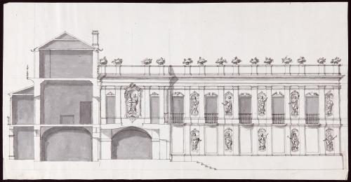 Alzado y sección de la fachada lateral de als habitaciones que dan al jardín del cuarto de S.A. Bue.