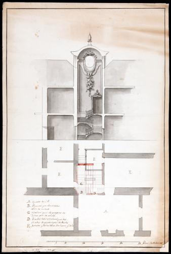 Planta y sección de una escalera de la casa del príncipe Pío. Palacio de los Afligidos (Madrid)