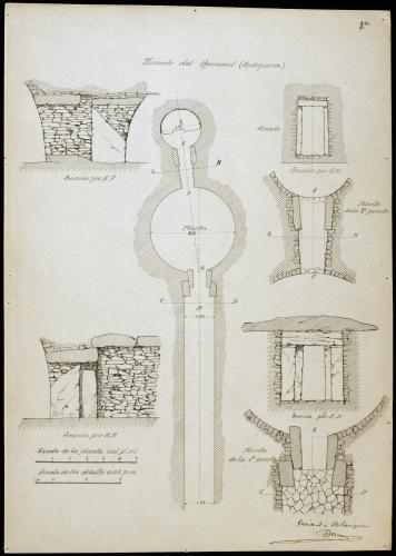 Túmulo del Romeral (Antequera). Planta de la segunda tumba; alzado, plantas y secciones de la 1ª y 2ª puerta.