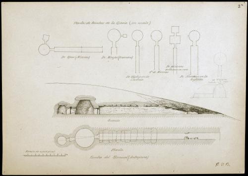 Tumbas griegas, tumba del Romeral (Antequera)  y de Mesara: Plantas y Sección.