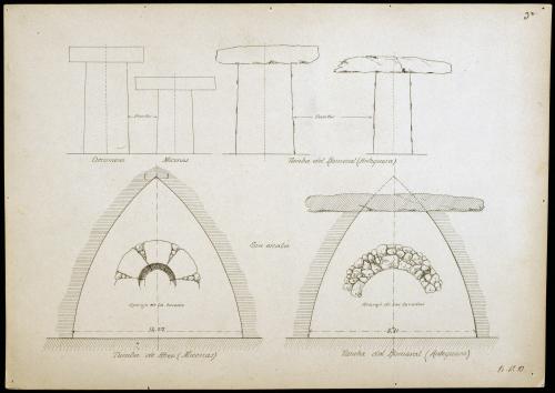 Tumbas griegas y del Romeral (Antequera). Alzados de las puertas y secciones de las tumbas.