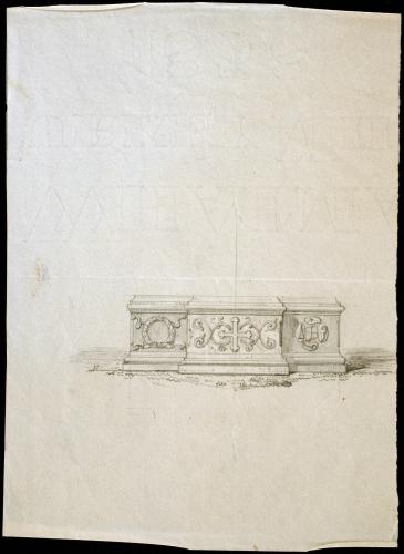 Pedestal de la portada de los Monumentos Arquitectónicos de España. Alegoría de los tres artes: pagano cristiano y mahometano.