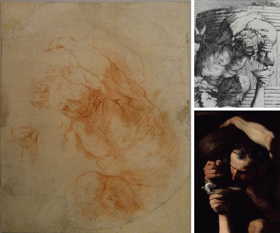 Confrontación del dibujo de Ribera identificado con la estampa y el cuadro