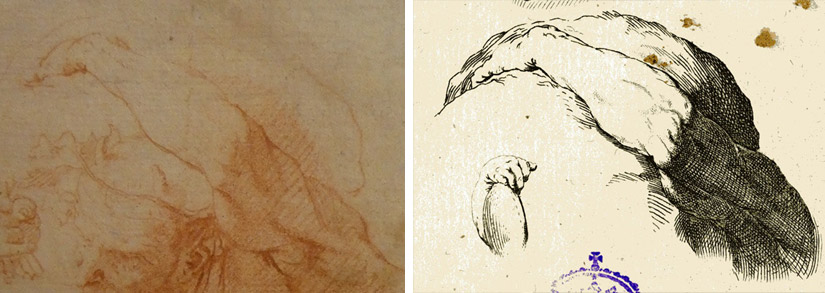 Confrontación del dibujo de Ribera identificado con la estampa y el cuadro