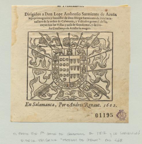 [Escudo de Armas de] D. Lope Ambrosio Sarmiento de Acuña