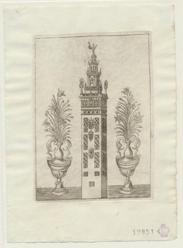 [La Giralda y dos jarrones de azucenas].  Emblema del Cabildo de Sevilla