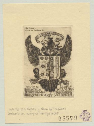 Ex Libris Biblioteca de l<sup>o</sup>s C<sup>o</sup>ndes de Torrellan<sup>o</sup>, Marqveses de B<sup>o</sup>sch de Arés y de Beniel