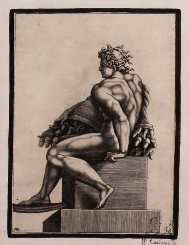 Desnudo sentado sobre un pedestal