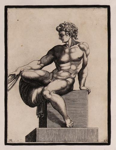 Desnudo sentado sobre un pedestal