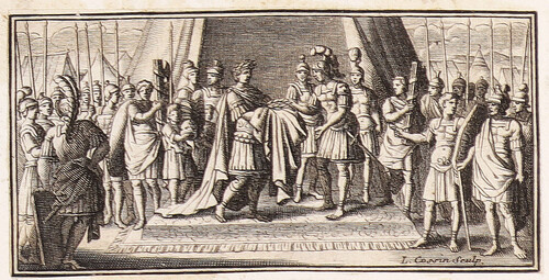 Emperador romano entrega una corona de laurel a un general