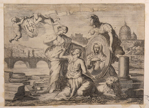 Minerva, la Justicia y la Paz ante el retrato de la Virgen