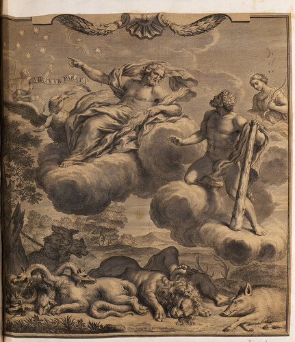 Hércules presenta a Zeus los monstruos y fieras derrotados en sus trabajos