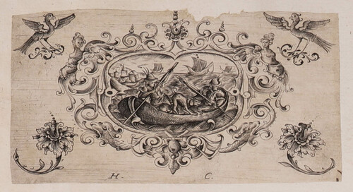 Cartouche con escena de dos hombres y un perro en una barca
