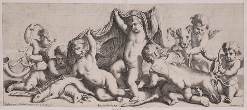 Friso de putti con atributos de caza