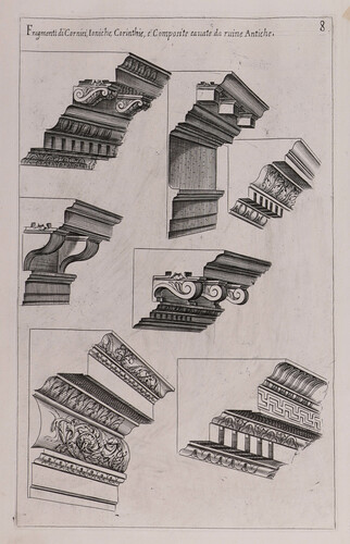 Fragmenti di cornici, ioniche, corinthie, e composite cavate da ruine antiche