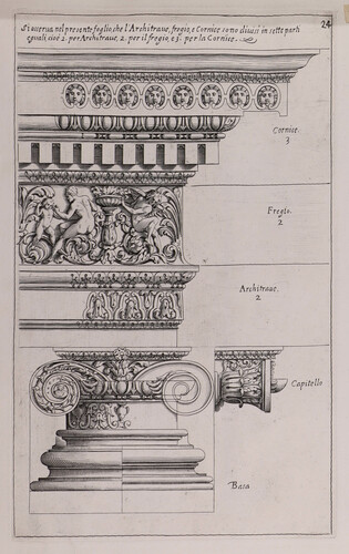 Si osserva nel presente foglio, che l'architrave, fregio, e cornice sono divisi in sette parti...