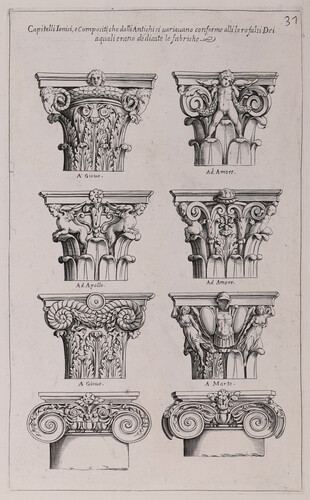 Capitelli ionici, e compositi che dalli antichi si variavano conforme alli loro falsi Dei...