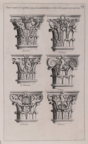 Diversi capticci di capitelli compositi cavati dell'antico con nomi di dei...